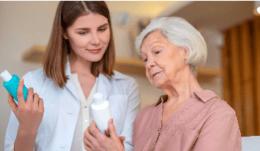 A young woman shows products to a senior woman. 